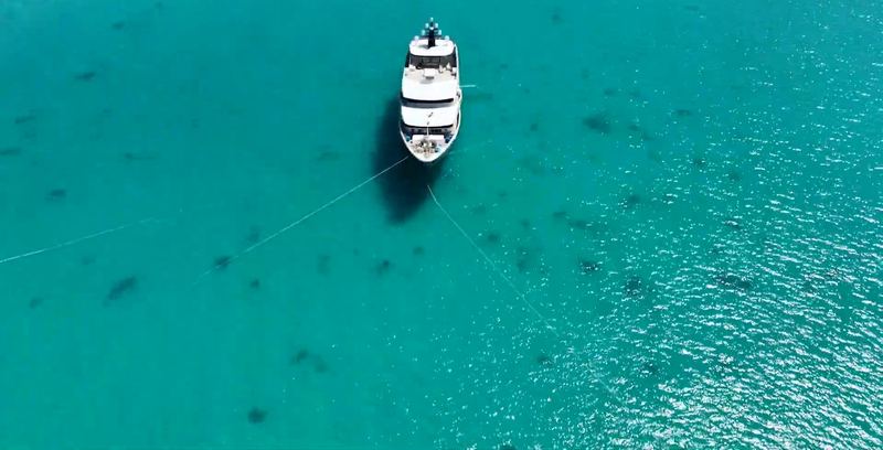 A white safari yacht on turquoise water, seen straight from above