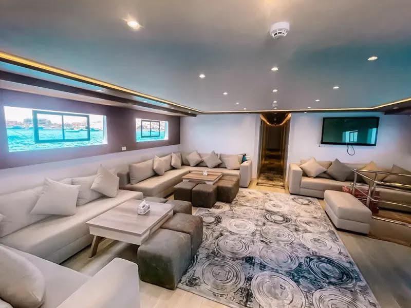 Lounge with sofas and sea-view windows